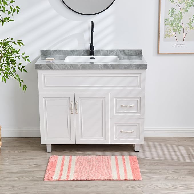 CozeCube Blossom Pink Striped 24"x16" Non Slip Washable Bath Mat | For Bathroom, Fluffy Absorbent Microfiber Bath Mats Machine Wash, Stylish Small Aesthetic Bathroom Rugs