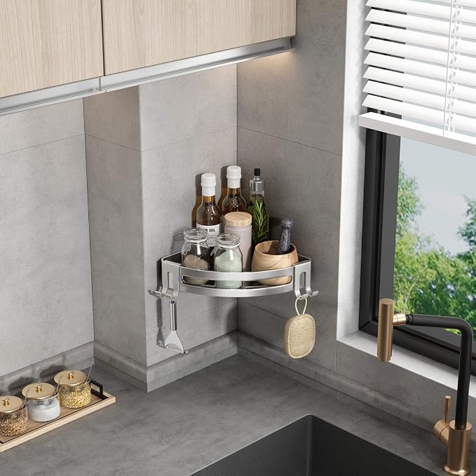 Corner Shower Caddy with Razor Holder Adhesive Shower Shelf Corner No Drilling Bathroom Corner Shower Organizer Storage Rack Shampoo Holder Wall Mount (2-Pack, Silver)