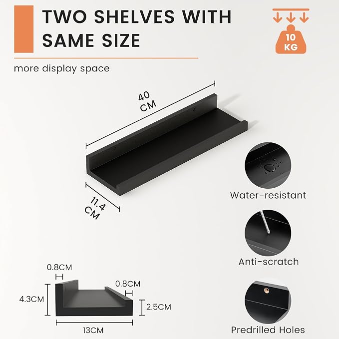 Picture Ledge Shelf, Floating Shelves Set of 2, 16 Inches Nursery Book Shelves for Toys Storage, Kids Bookshelf Wall Mounted for Living Room Bedroom Decor Books Photo Frames, Black