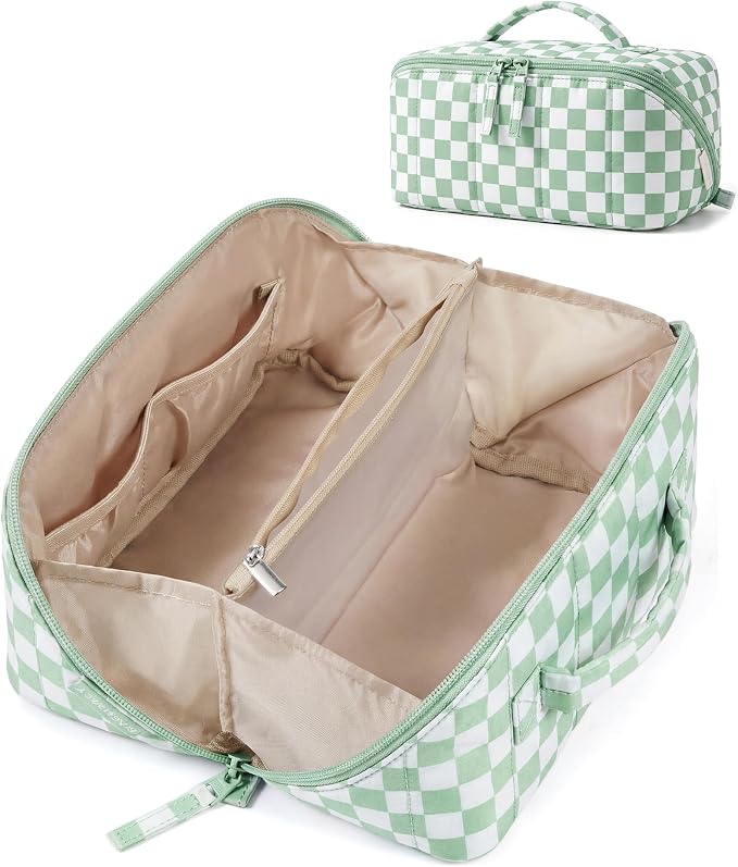BAGSMART Puffy Travel Makeup Bag Toiletry Bag for Women, Checkred Green | Open Flat, Portable, Make Up Organizer, Water-resistant, Puffy Padded, For Toiletries, Brushes