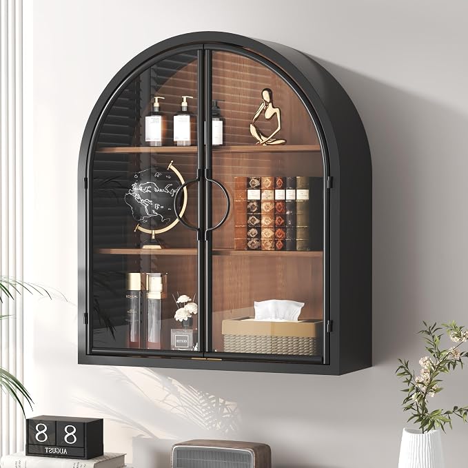 Arched Wall Cabinet with Clear Glass Door, NO Assembly | Metal Frame, 12MM Wooden Shelves, Handcrafted Arched Design, 40-lb per Tier, 5MM Tempered Glass, for Bathroom Wall Medicine