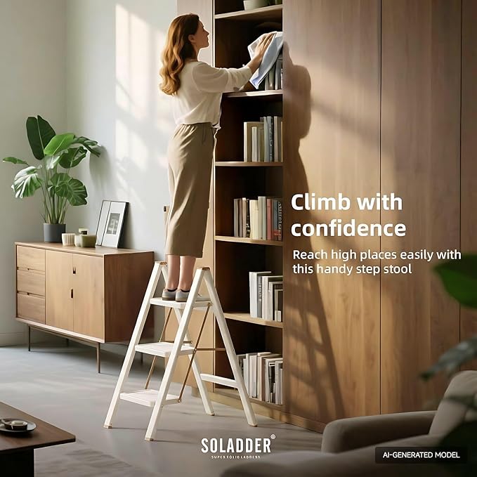3 Step Ladder, Folding Step Stool, Cream Chocolate | Wide Anti-Slip Steps and a Foldable, Space-Saving Design for Adults to Use in Kitchens, Closets, Library,300 lbs