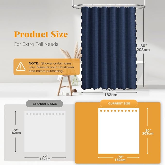 72x80 Boho Scalloped Linen Textured Cloth Shower Curtain, Navy Blue | Long Size, 230GSM Waterproof Polyester, Heavy Duty Fabric, 12 Plastic Hooks, Elegant Modern Farmhouse Style, Machine Washable