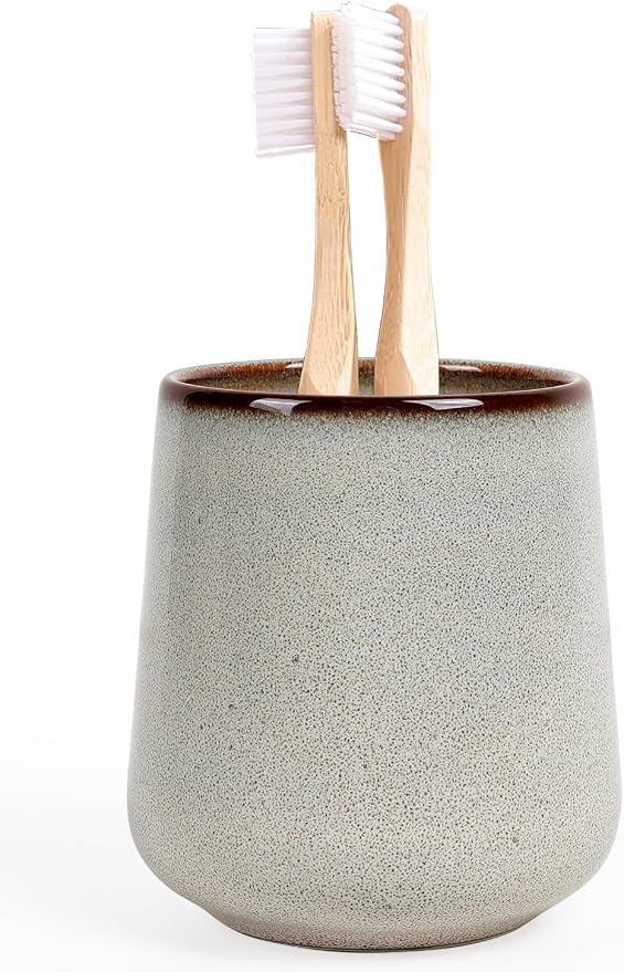 INGOFIN Ceramic Toothbrush Holder, 12 oz Toothpaste Holder Bathroom Cup, Tooth Brush Holder for Vanity Countertop, Organizer Storage for Cosmetic, Makeup, Office Pencils, Kiln-Glazed Grey White