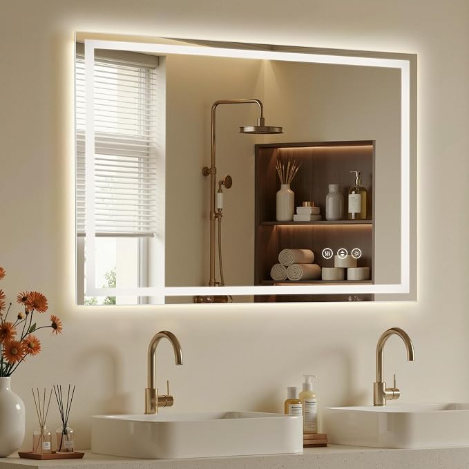 48x30 LED Bathroom Mirror with Lights, Dual Lit, Anti-Fog, Memory | Dimmable 3 Color CRI 90+ for True-to-life Color Accuracy Tempered Glass Horizontal/Vertical Wall Mount for Bathroom Vanity