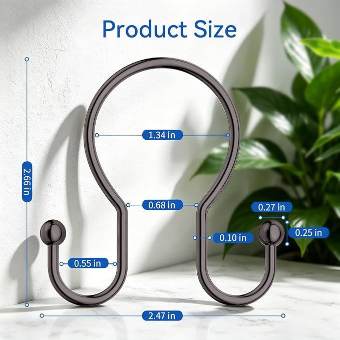 OEH Shower Curtain Hooks, 12 Pcs Minimalist Shower Curtain Rings, Metal Shower Curtain Hangers, Double Hook Shower Curtain Hooks Rust Proof, Glide Smoothly Shower Hooks for Shower Curtain Rod, Bronze