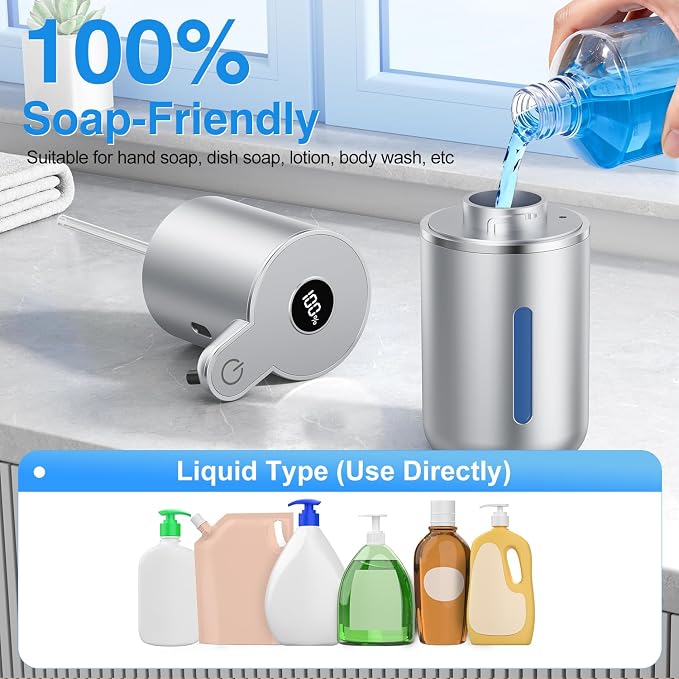 Fachixy Automatic Liquid Soap Dispenser Touchless, Smart Digital Display | 12.8oz/380mL, Up to 90 Days Battery Life, 6 Adjustable Level, Rechargeable, Wall Mountable IPX5 for Kitchen & Bathroom,Silver
