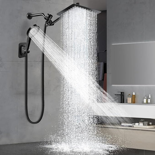 Shower Head,12”Rain Shower Head with Handheld Spray Combo with 11'' Angle Adjustable Extension Arm/Flow Regulator/Shower System,High Pressure Rainfall Shower Head Clean Bathroom,Matt Black