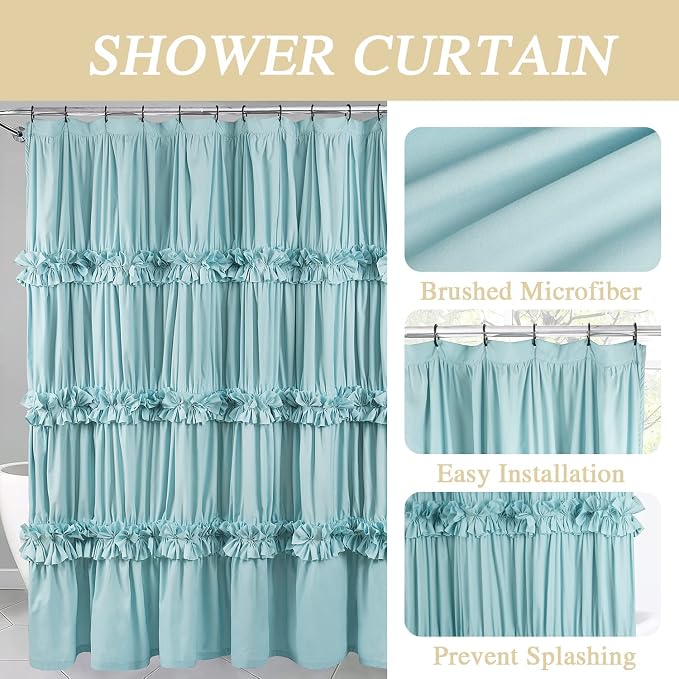 Spa Blue Ruffle Shower Curtain with 12 Buttonholes | Vintage Handcrafted Bow Tie Bath Curtain for Master Bathroom, Ruched Microfiber Bathroom Curtain, 72" W x 72" H (LQ-10)