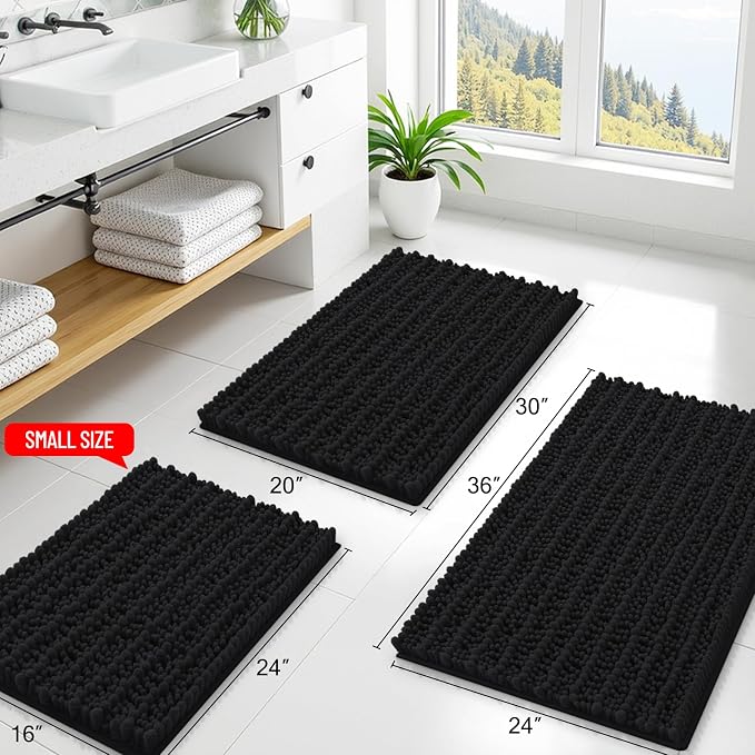Smiry Bathroom Rugs 59X20, Extra Soft Rubber Backing Chenille Bath Mats | Black Machine Washable Non Slip Quick Dry Bath Mats for Bathroom Floor, Tub, Shower, Home Decor Accessories