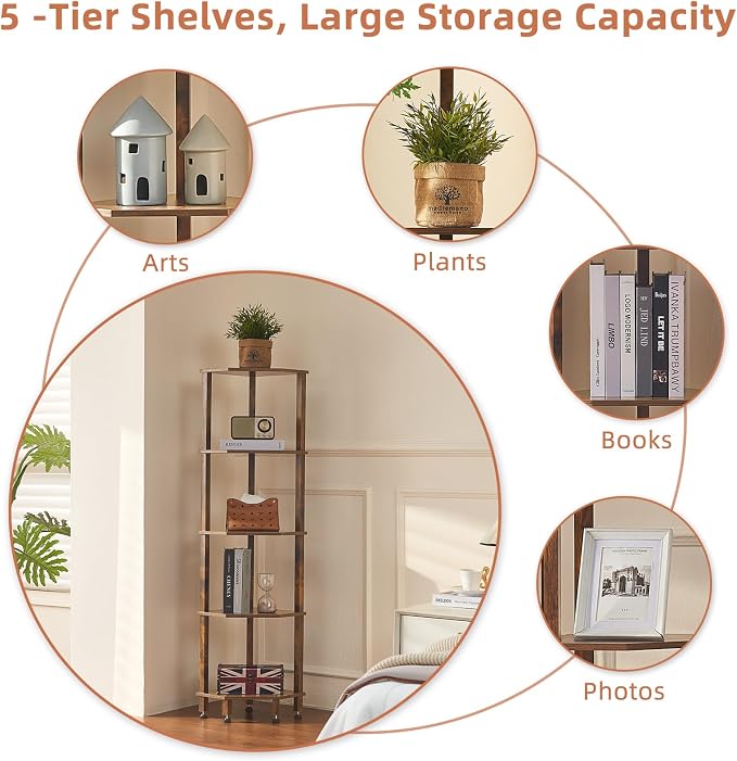 YUFAM 5-Tier Corner Shelf, Brown | Wooden Corner Bookshelf for Small Spaces, Corner Standing Shelf with Sturdy 5-Leg Base