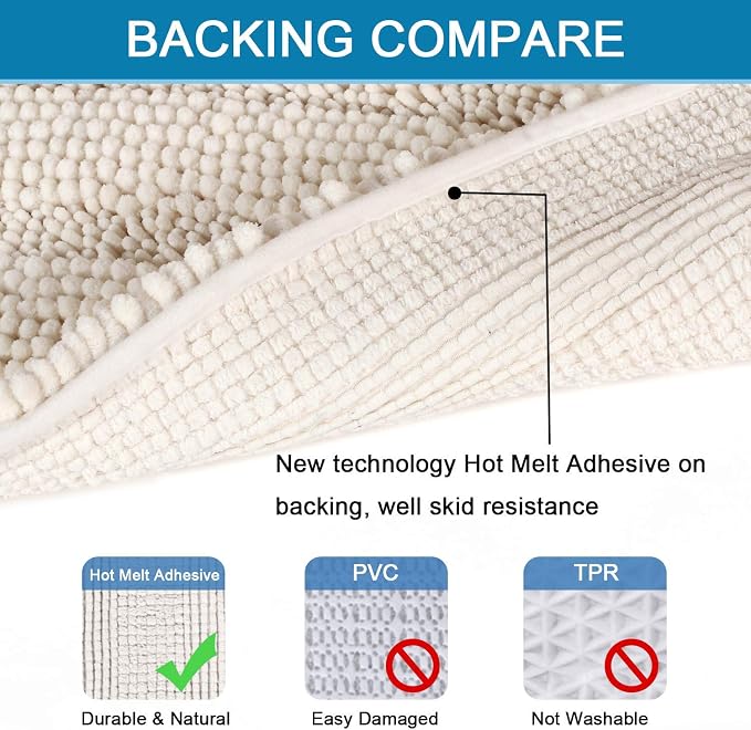 H.VERSAILTEX Bath Mats for Bathroom Non Slip Extra Thick Chenille Striped Bath Rug 24" x 36" Absorbent Non Skid Fluffy Soft Shaggy Rugs Washable Dry Fast Plush Mats for Indoor, Bath Room, Tub - Ivory