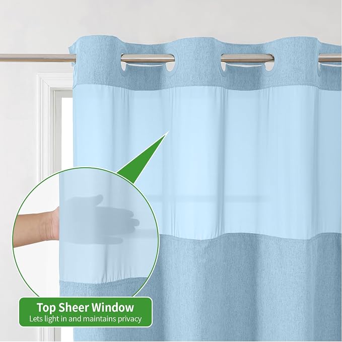 eachope No Hook Fabric Shower Curtain with Snap-in Liner,54x80 Fog Blue | Linen Texture,230GSM Thick Fabric,Hotel Luxury Decor,Mesh Window,Waterproof & Machine Washable,for Shower Stall or Bathroom