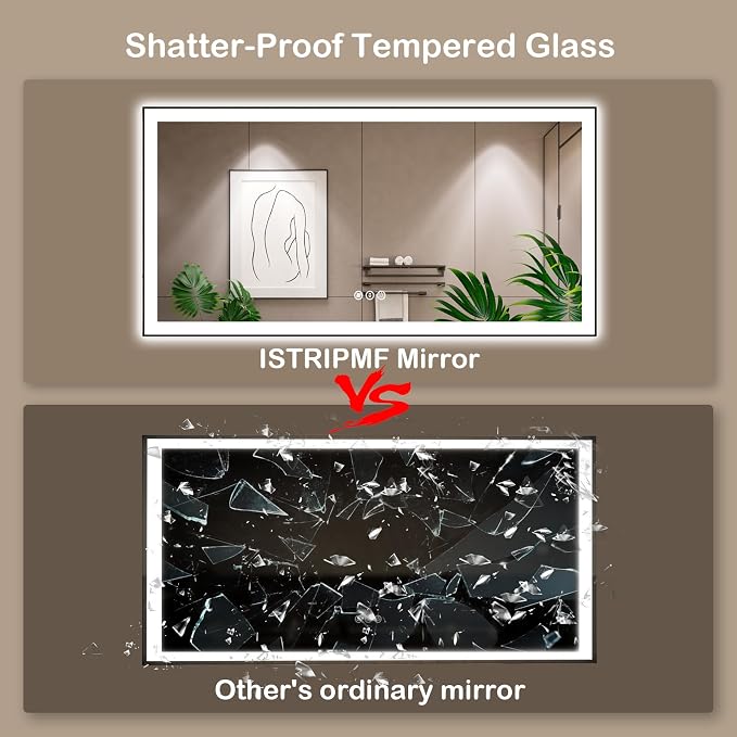 55x30 Inch LED Bathroom Mirror with Black Frame | Black Metal Frame, Front and Backlit, 3 Colors, Dimmable, Memory, Anti Fog, Tempered Glass, Lighted Mirror for Wall