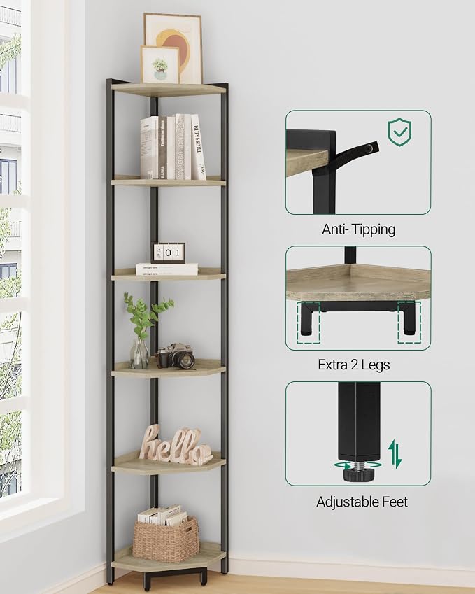 Hzuaneri Corner Shelf Stand 6-Tier Corner Bookshelf Storage Standing Shelf | Bookcase Plant Stand with Metal Frame for Living Room, Home Office, Bedroom, Greige CS06005B