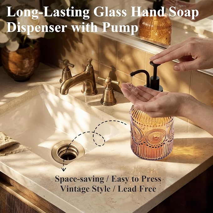 Amolliar 12 Oz Glass Soap Dispenser with Plastic Pump,Brown-Black,1 Pack | Antique Rustic Hand Liquid Bottle for Bathroom/Kitchen, Vintage/Farmhouse/Boho Style, Pump Dispenser, Refillable