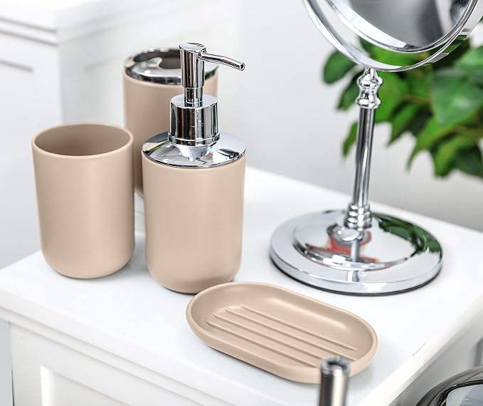 Moss & Stone 6-Piece BeigeBathroom Accessories Set, Soap Dispenser | Modern Plastic Bathroom Set with Toothbrush Holder, Soap Dish, Cup & Trash Can for Countertop Organization and Bathroom Decor