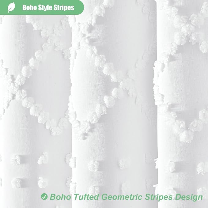 Stall Boho Farmhouse Shower Curtain Tufted Geometric 54"x72" White | 54 Inch Wide, Elegant Tassel, Lightweight Textured Fabric, Water Repellent, Washable, for Narrow Bathroom/Dorm 10 Hooks
