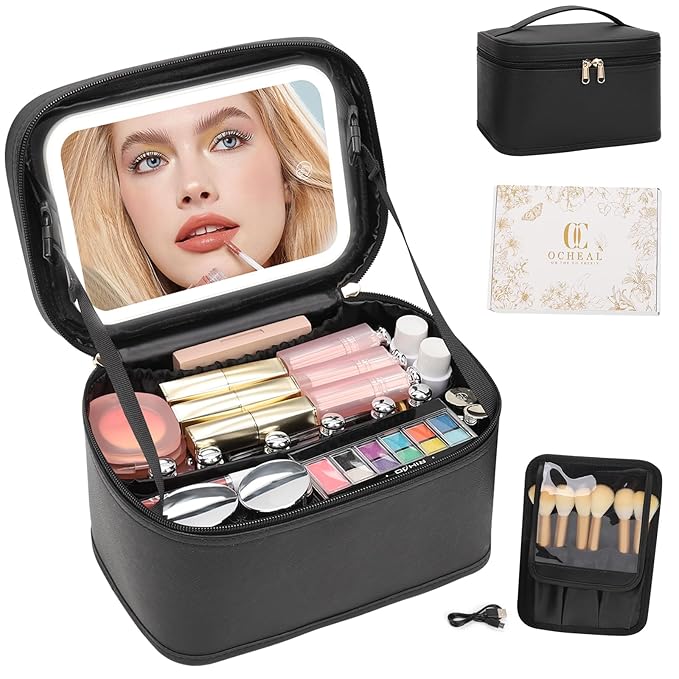 Makeup Bag With LED Mirror, Travel Makeup Bag With 3 Color Setting Light Up Mirror Cosmetic Makeup Organizer Vanity Case for Women Beauty Tools Accessories Rechargeable Makeup Travel Bag-Black