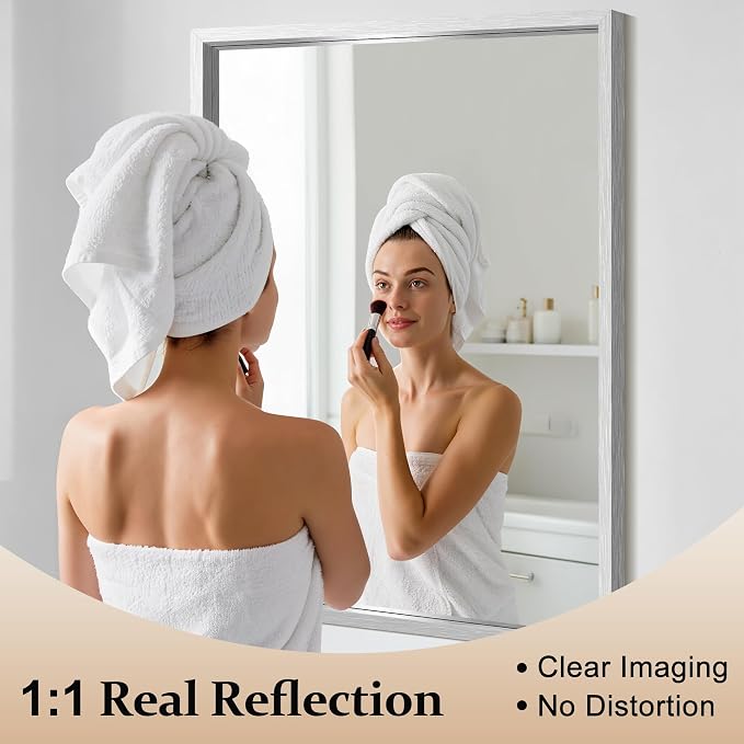 COFENY Bathroom Mirror, 30x36 Brushed Silver Rectangle Mirrors, Thickened Deep Metal Frame Bathroom Vanity Mirrors for Over Sink, Bedroom, Entryway, HD Tempered Glass, Horizontally or Vertically