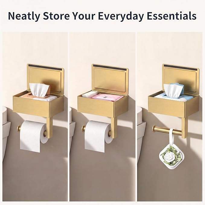 FORIOUS Toilet Paper Holder with Shelf, Wall-Mounted Modern Wipes Dispenser | Brushed Gold | Toilet Paper Holder with Storage | Baby Wipes Dispenser for Bathroom | 6.5"x4.5" Lighter Shelf