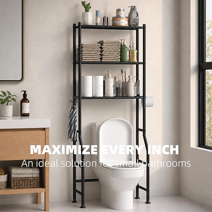 GloTika 3-Tier Over Toilet Storage, Anti-Tilt, 64" H, Black | Anti-Tilt Safety System, 150lb Capacity, Carbon Steel, Freestanding, No Drilling, Anti-Rust Coating, Paper Holder & 4 Hooks