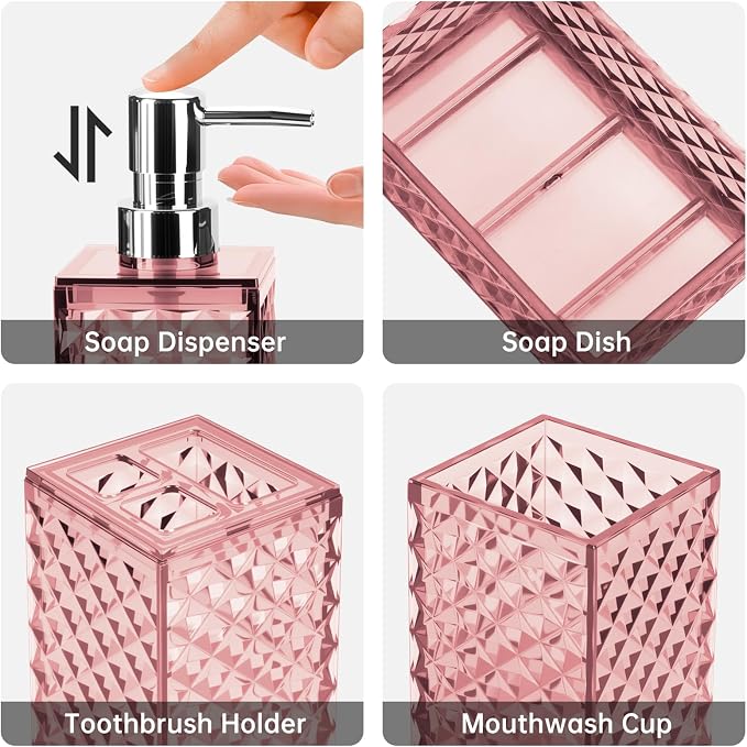 Bathroom Accessory Set, Grid Pattern 4 Pcs Plastic Bathroom Set, Pink | Include Soap Dispenser, Soap Dish, Toothbrush Holder, Mouthwash Cup, Modern Bathroom Decor Set