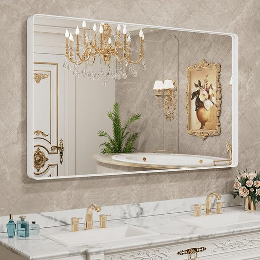 LOAAO 60x36 Inch White Metal Framed Bathroom Mirror for Wall, White Bathroom Vanity Mirror Farmhouse, Large Rounded Rectangle Mirror, Anti-Rust, Tempered Glass, Hangs Horizontally or Vertically | Rounded Rectangle, Anti-Rust, Tempered Glass, Hangs Hori...