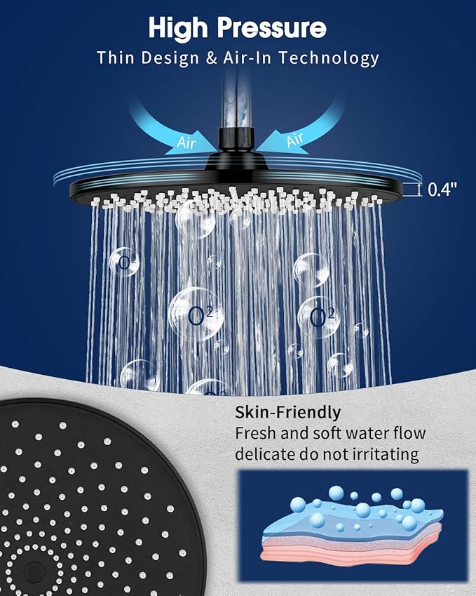 Rain Shower Head VMASSTONE 9In High Pressure Showerhead - Tool Free Installation- with Large Spray Surfaces and 200 Nozzles for Delicate and Unstimulate Shower Experience (EM-001 Matte Black/Black)