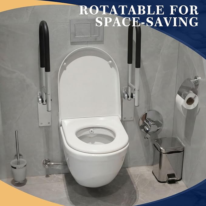 Zonon 2 Pack 23.6 Inch Handicap Grab Bars, Flip up Aluminium Alloy Toilet Safety Rails, Anti Slip with Paper Holder, Bathroom Support Rail for Elderly Disabled Pregnant (Anti-Slip Handle)