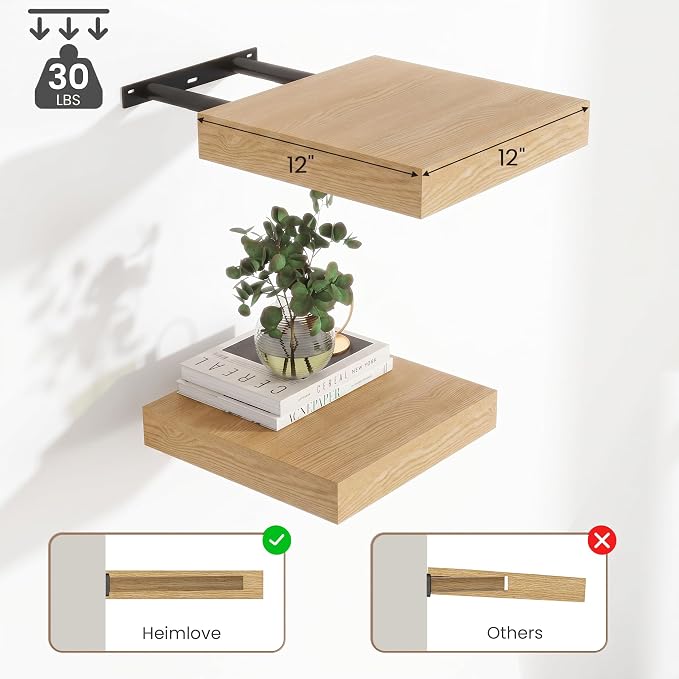 Deep Floating Shelves for Wall, 12 Inch Wide Small Wall Shelves Set of 2, 2 Inch Thick Invisible Wall Mounted Shelves for Bathroom Bedroom Nursery,Oak Color