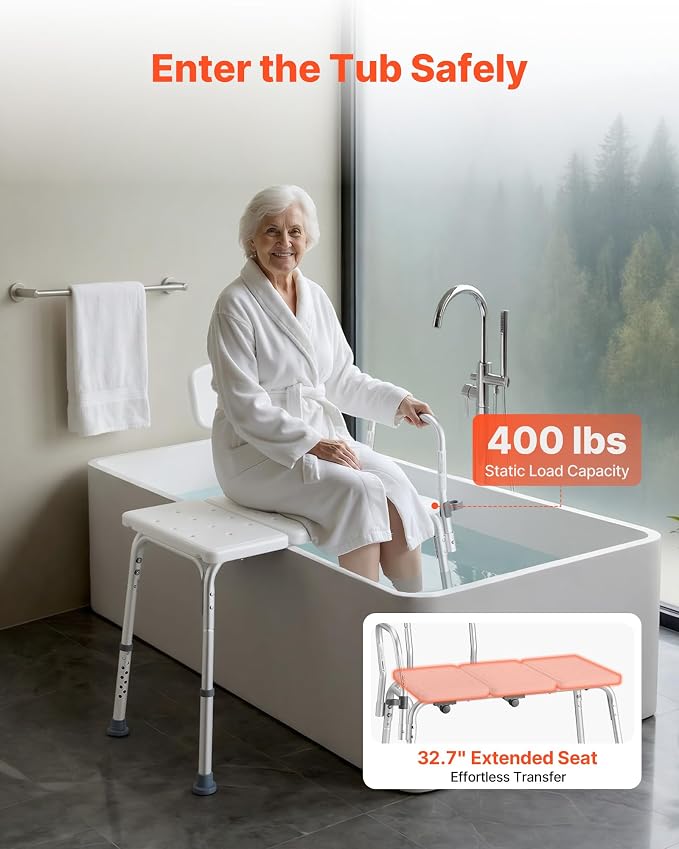 VEVOR Tub Transfer Bench for Bathtub, 400 lbs Weight Capacity Heavy Duty Shower Chair with Arm and Backrest, Height Adjustable Bathroom Shower Bench Bath Seat for Adults, Seniors, Elderly and Disabled
