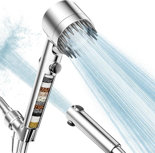 Filtered Shower Head with Handheld, High Pressure Water Flow and Multiple Spray Modes Shower Head with Filter, Power Wash for Hard Water, Showerhead with ON/OFF Switch for Pets Bath (Chrome) | ON/OFF Switch,4 Spray,Built-in Power Wash,Detachable Shower...