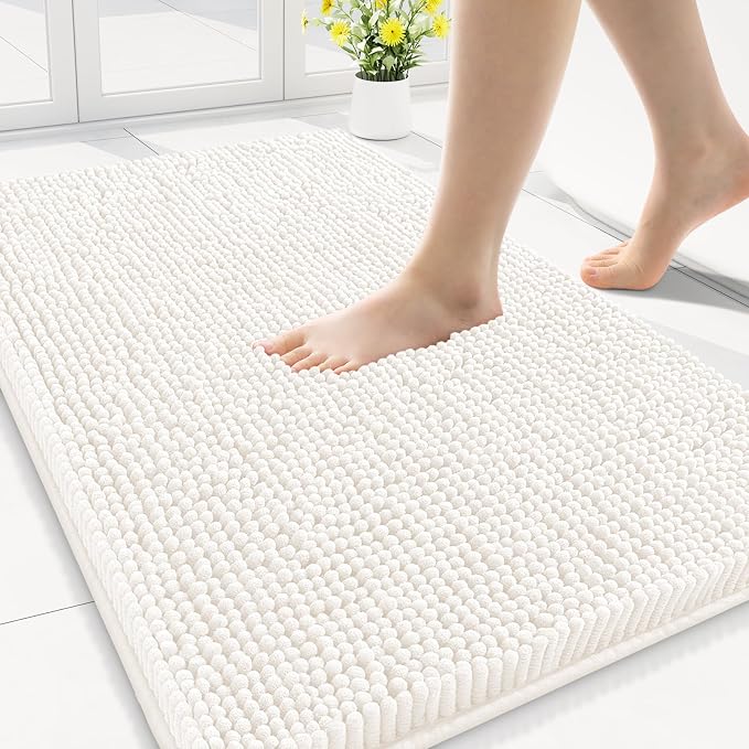 Smiry Bathroom Rugs 30X18, Luxury Chenille Extra Soft Absorbent Bath Mat | Ivory, Machine Washable Non-Slip Plush Bath Mats for Bathroom, Tub, Shower, and Floor, Home Decor