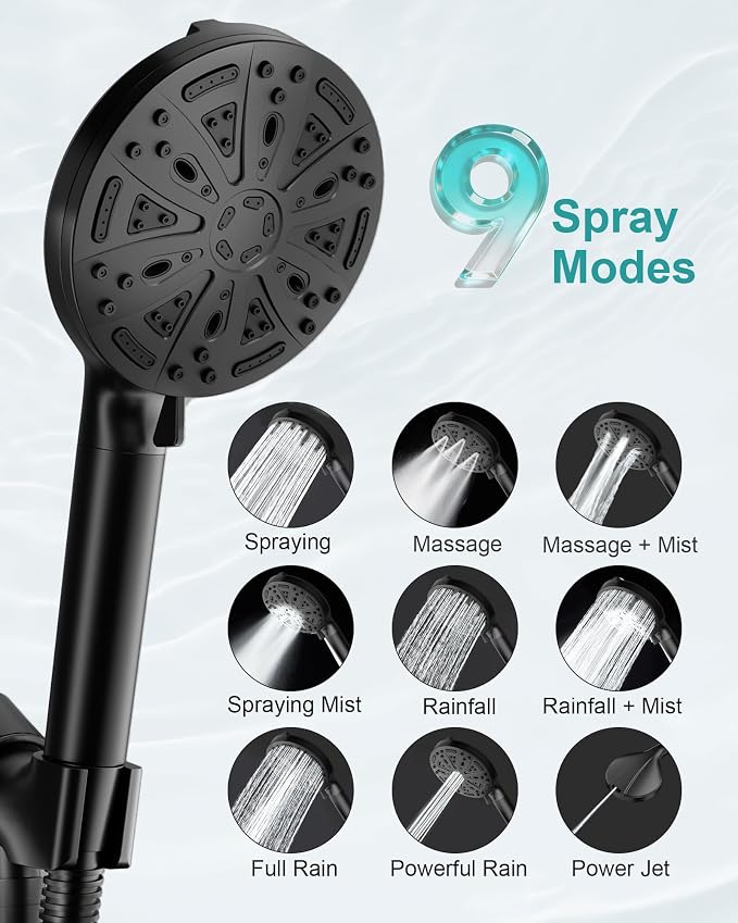 Filtered Handheld Shower Head, 9 Spray Modes High Pressure, 5 Replacement Filters Included, Hard Water Softener 20-Stage Filtration, Remove Chlorine, Relieve Dry Itchy Skin, 5 Filters-Black