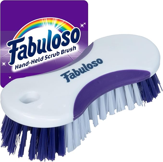 Fabuloso Compact Hand Scrub Brush, White and Purple, 6 Inch | Easy-grip rubber texture with firm bristles for kitchen, bathroom, tile, and baseboards