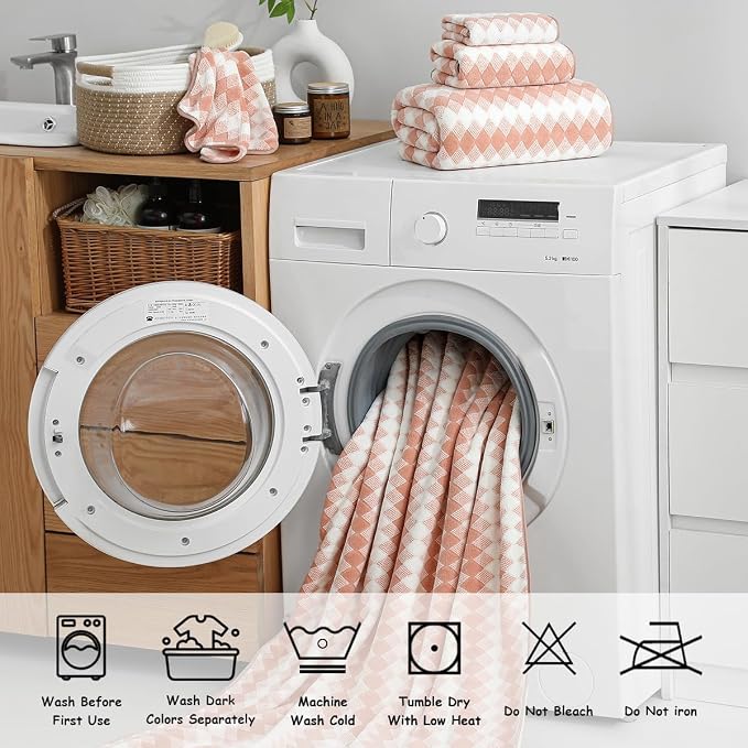 12 Pcs Pink White Diamond Towel Set-4 Bath Towels,4 Hand Towels,4 Washcloths Soft Polyester Towels with Loop Absorbent Shower Towel Quick Dry Beach Chair Towel Family Towels for Bathroom Spa Gym Pool