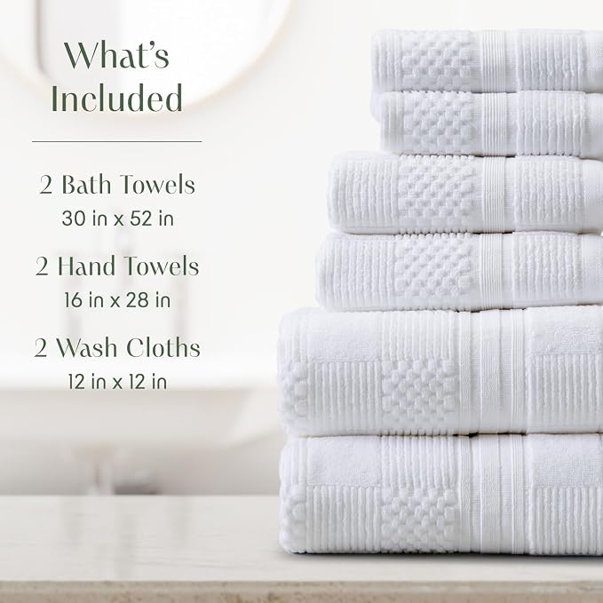 100% Cotton Bath Towel Set | 6-Piece Set | Textured | White | Luxury Geometric Design | Absorbent & Quick-Dry Bathroom Towels | Textured and Durable Cotton Towels for Bathroom | OEKO-TEX