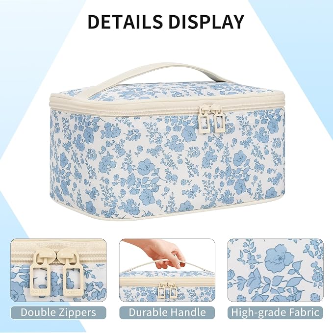 Makeup Bag Portable Cosmetic Bag For Women, Large Capacity Travel Makeup Case Organizer, Toiletry Bag for Girls Traveling With Handle and Divider-Flowers