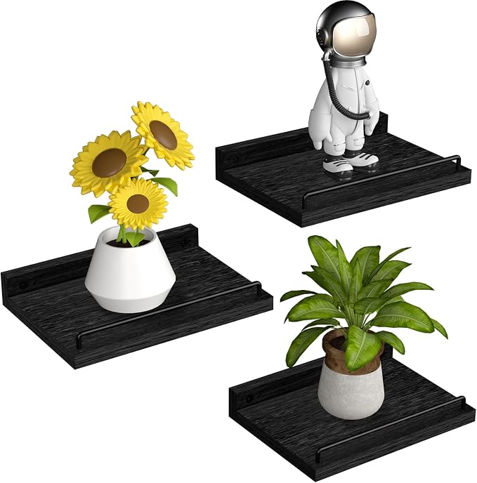 RYOFOBETTO Small Floating Shelf, 6X9 Inches Farmhouse Wall Shelves for Living Room, Bedroom, Picture Frames, Plants, Kitchen, Set of 3 (Black)