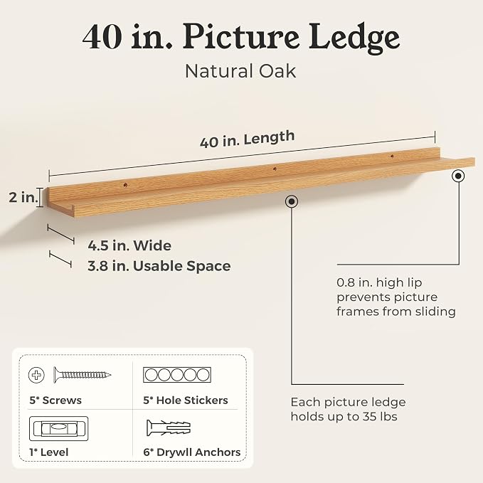 Oak Picture Ledge Shelves for Wall, 4.5" Deep Wood Floating Shelves with Lip for Bedroom, Living Room, 40" Width, Color Oak Set of 2