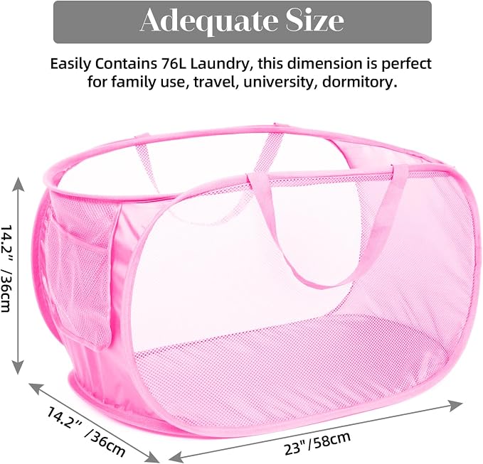 Durable Collapsible Laundry Baskets, Mesh Pop Up Laundry Hamper with Side Pocket, Foldable Clothes Hamper with Reinforced Carry Handles for Laundry, Bathroom, Kids Room, Dorm or Travel 2 Pack Pink