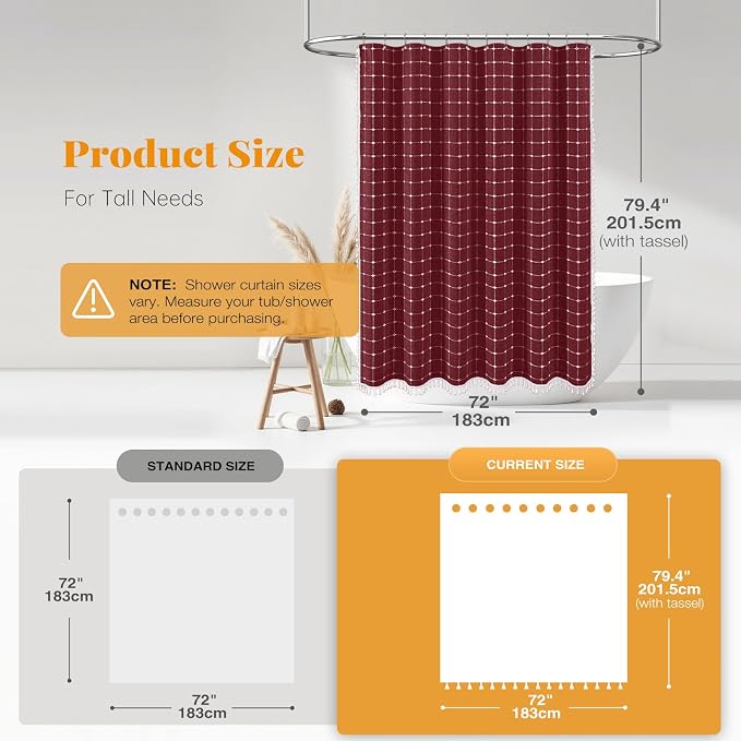 72x78 Boho Farmhouse Linen Heavy Duty Fabric Shower Curtain, Burgundy | Long Size, 330GSM Linen Blend, 3-side Tassels, Water Repellent Cloth, 12 Plastic Hooks, Rustic Bohemian, Machine Washable