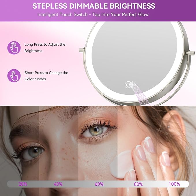 Auxmir 9" 1X/30X Lighted Makeup Mirror, Rechargeable Maginfying Mirror | 3 dimmable colors, 14.9-18.5 in adjustable height, 3000mAh, 360°rotation, stable storage base, 30X magnification, Nickel