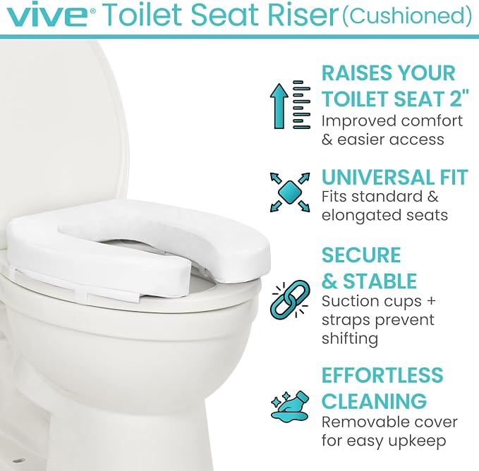 Vive Toilet Seat Riser Cushion for Seniors - Fits All Toilet Seats | Raised Toilet Seat with High-Density Foam for Elongated & Standard - Cushioned & Padded - Elevated Medical Handicap Lifter
