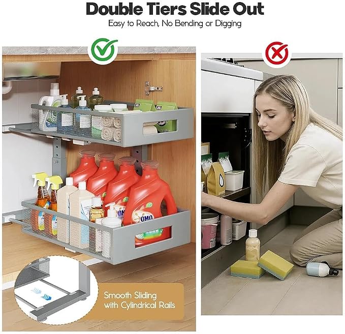 Under Sink Organizer,2-Tier Dual Pull Out Cabinet Organizer Drawers With Smooth Circular Rail,Large Capacity Metal Mesh Sliding Shelves For Bathroom& Kitchen Storage,Height Adjustable–Gun Gray,2 Packs