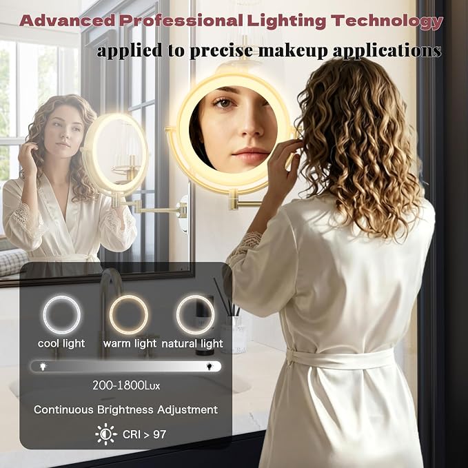 10" Wall Mount Makeup Mirror with Lights and Magnification 5X Gold | 3 Color LED Touch Dimmable, 2-Sided, Bathroom Vanity Extension Swing Arm, 360 Rotation, Rechargeable, Brushed Moderne Brass