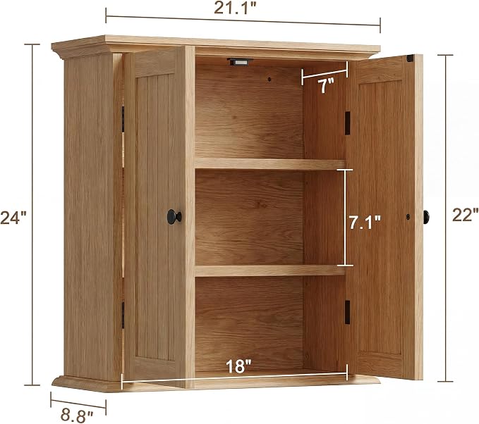 ChooChoo Bathroom Wall Cabinet with 2 Doors, Over The Toilet | 8.8"D x 21.1"W x 24"H, Medicine Cabinet, Adjustable Shelves, Cupboard, Natural