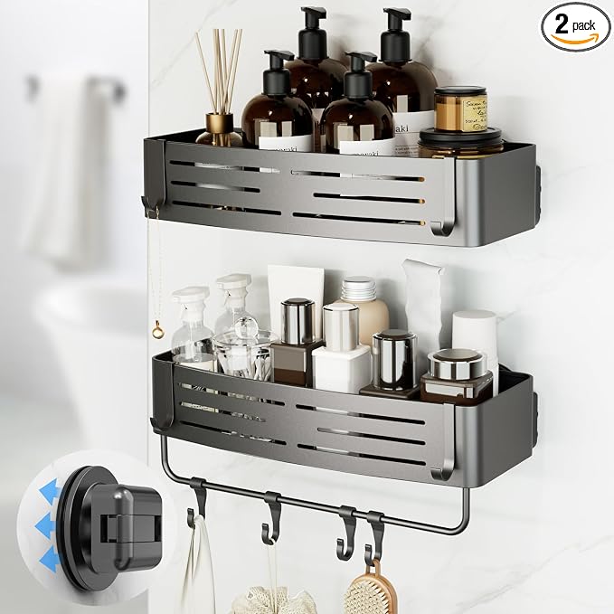 Onemake Shower Caddy Suction Cup, 2 Pack Shower Shelf with Hooks for Bath | No-drilling Rustproof Aluminum Removable Caddy with Towel Bar, Waterproof Shower Organizer, Corner Shampoo Holder, Gray