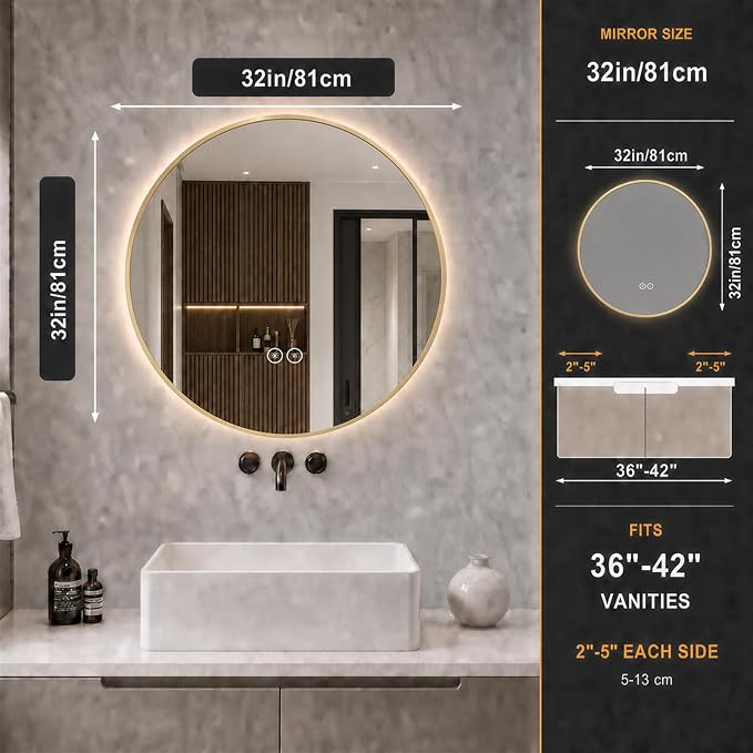 LAIYA 32 Inch Gold Round LED Bathroom Mirror, Anti Fog, Dimmable, 3 Colors | backlit lighted vanity wall mounted makeup mirror defogger touch switch brass frame IP65 CRI95 copper free silver glass hotel